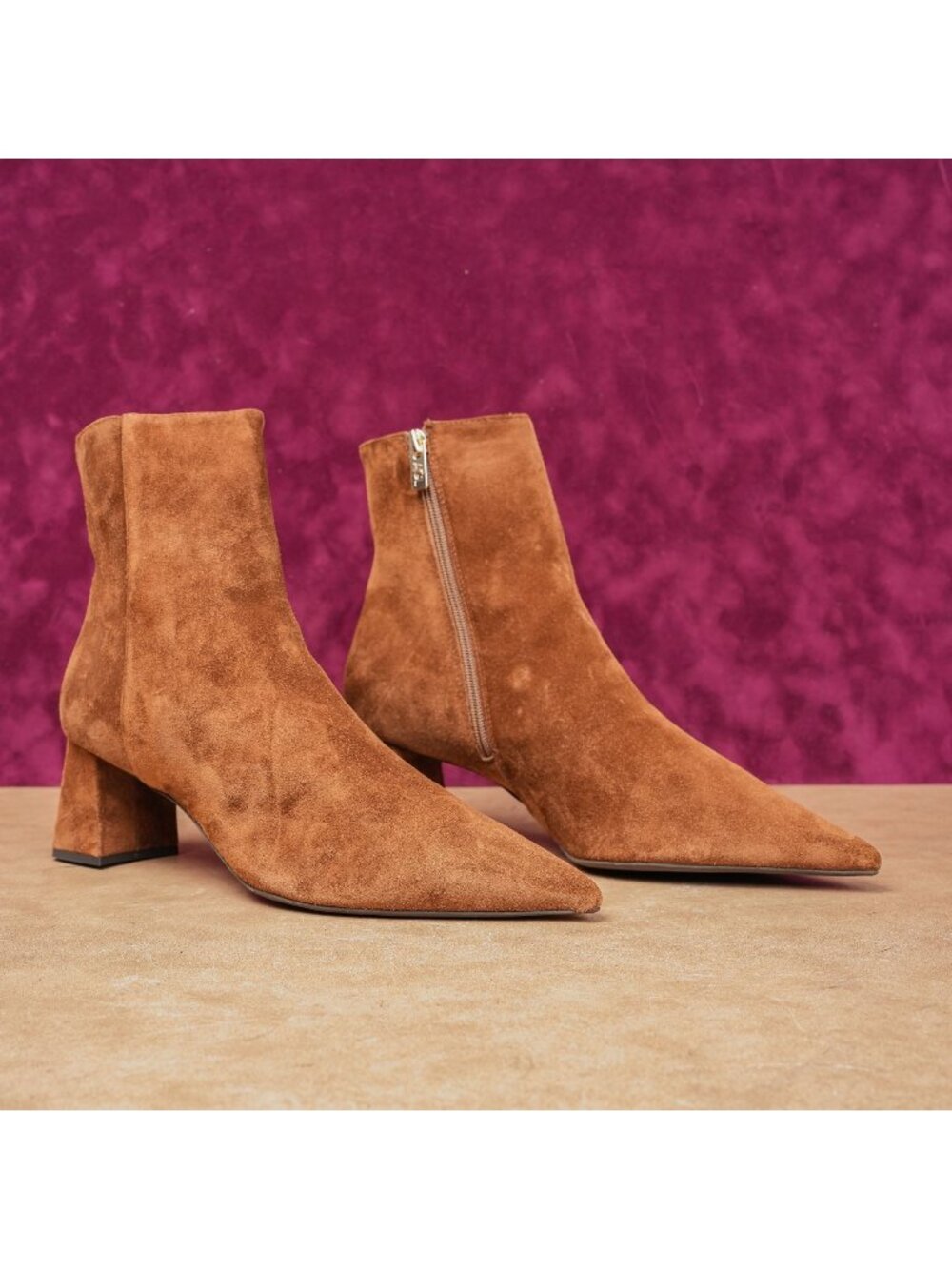 AGL Women Notch Camel Brown Suede Fashion Pointy Zip Ankle Boots sz 12.5 EUR43